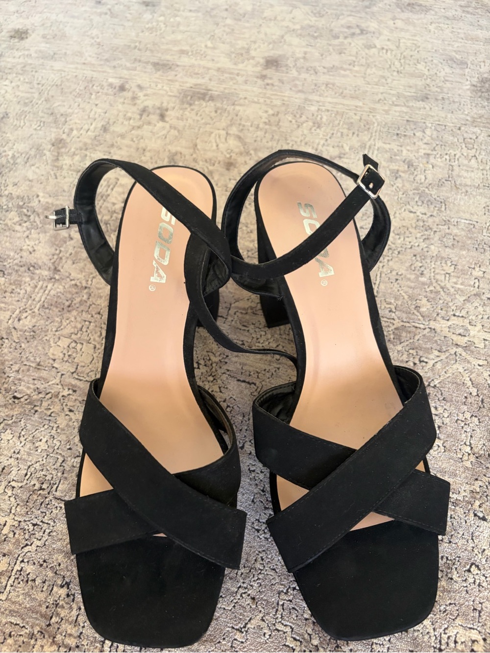 Soda Black Crisscross Strap Block Heel Sandals